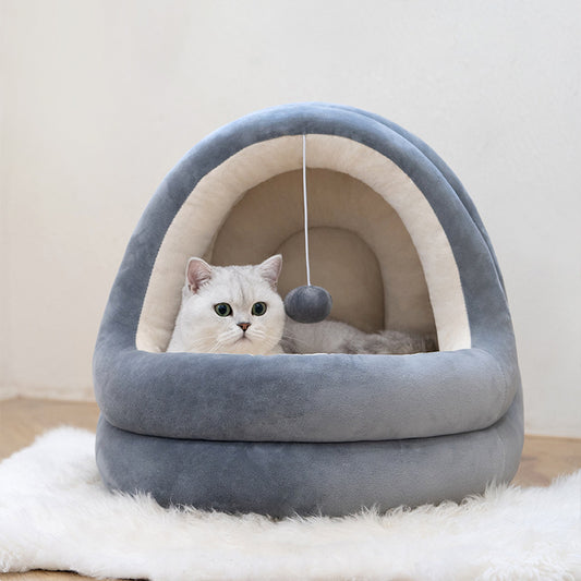 Cat House Bed | Velvet & PP Cotton | Cozy Soft Pet Hideaway, Small/Large
