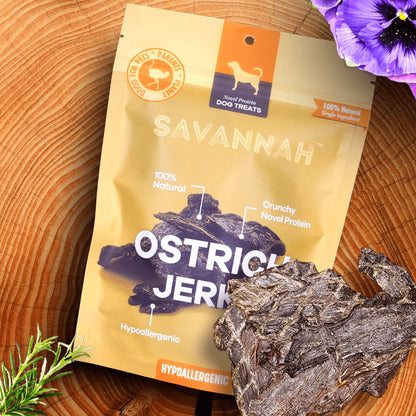 Savannah Ostrich Jerky Dog Treats | Protein-Packed & Hypoallergenic | Dental Health Chew, 3oz