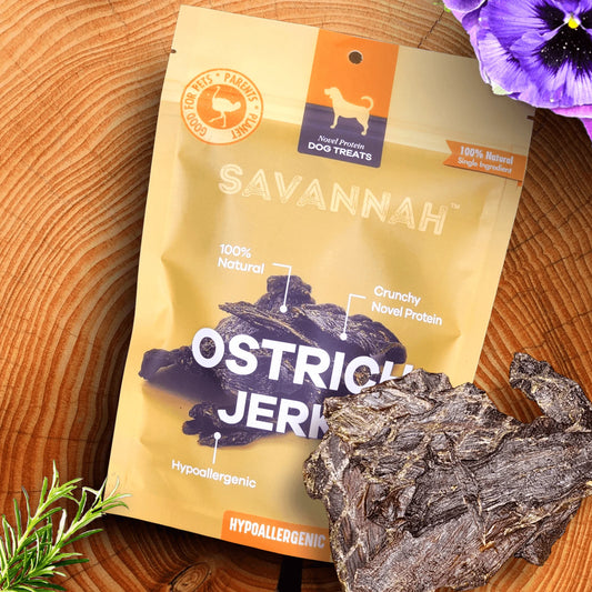Savannah Ostrich Jerky Dog Treats | Protein-Packed & Hypoallergenic | Dental Health Chew, 3oz
