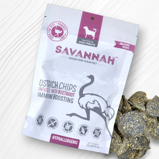 Ostrich Chips Dog Treats | Infused with Beetroot | Crunchy Hypoallergenic Snack, 2.5oz