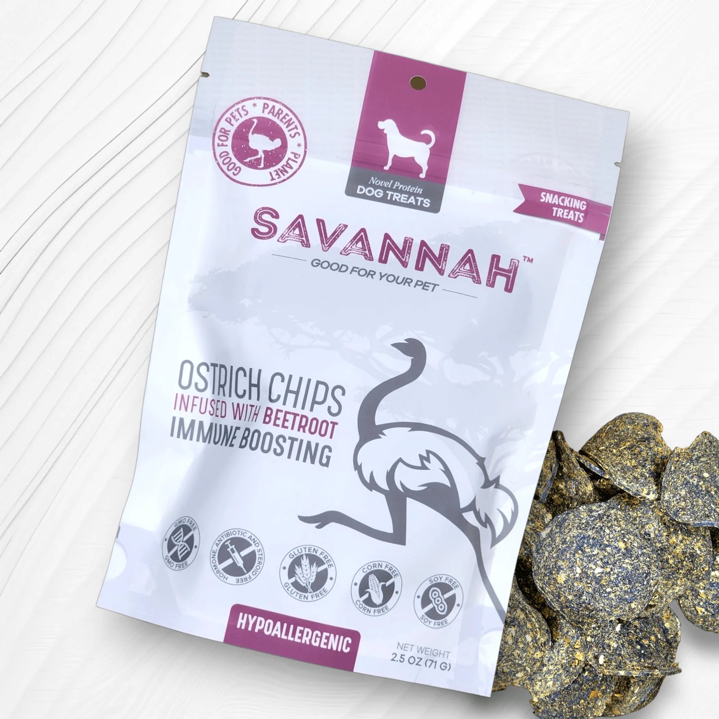 Ostrich Chips Dog Treats | Infused with Beetroot | Crunchy Hypoallergenic Snack, 2.5oz
