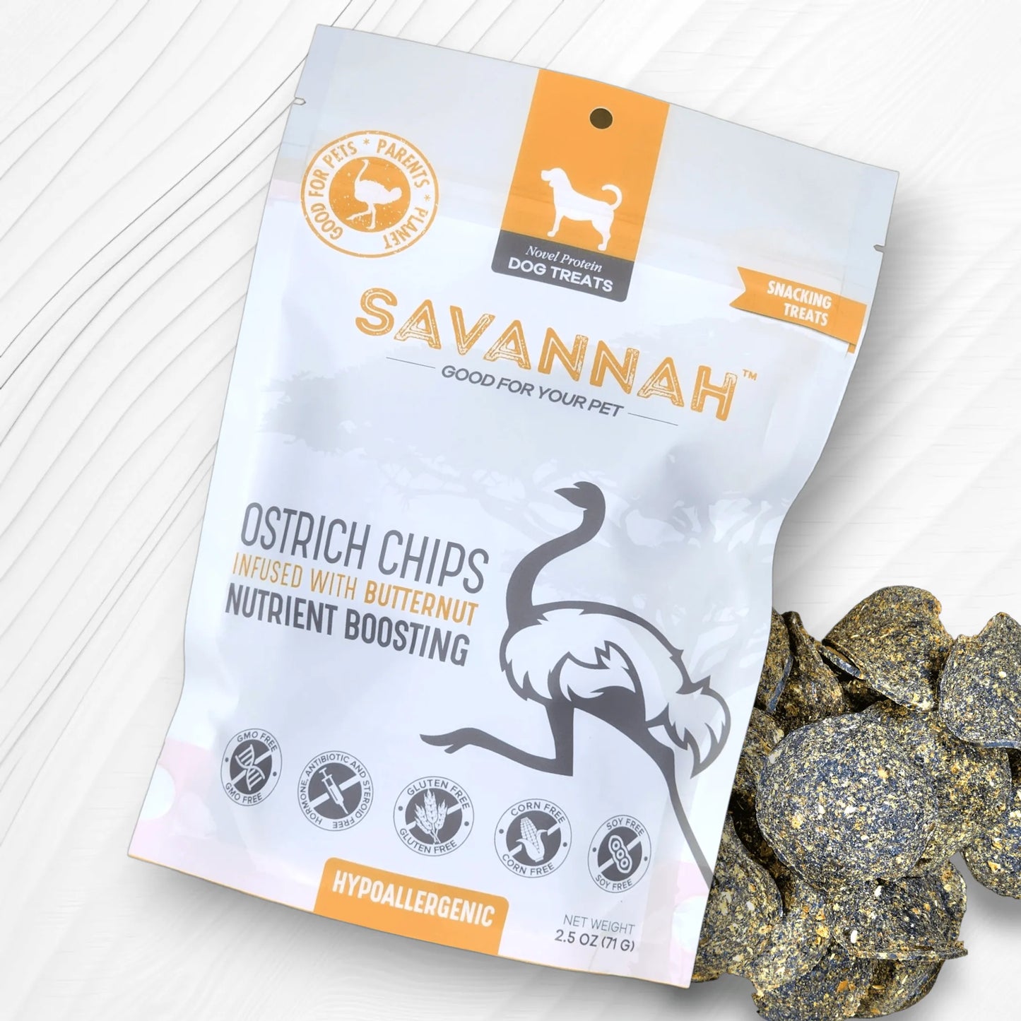 Savannah Ostrich Chips Dog Treats | Infused with Butternut | Crunchy Hypoallergenic Snack, 2.5oz