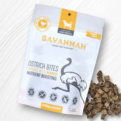 Savannah Ostrich Bites Dog Treats | Infused with Mango | Hypoallergenic & Nutrient-Rich, Bite-Size