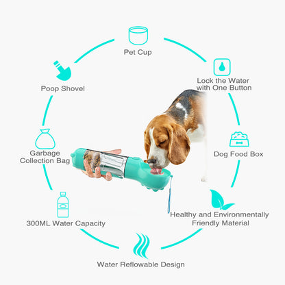 Portable Pet Water Bottle | ABS Design | 3-in-1 Water Dispenser with Food Box & Garbage Bag, 300ml/500ml